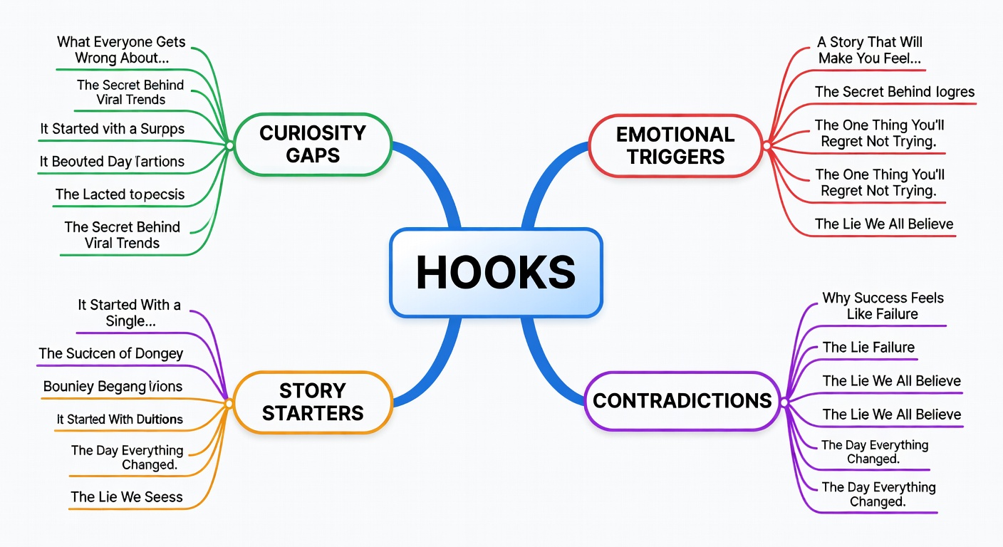 Content ideas mind map illustrating cross-platform hook adaptation and brainstorming strategy